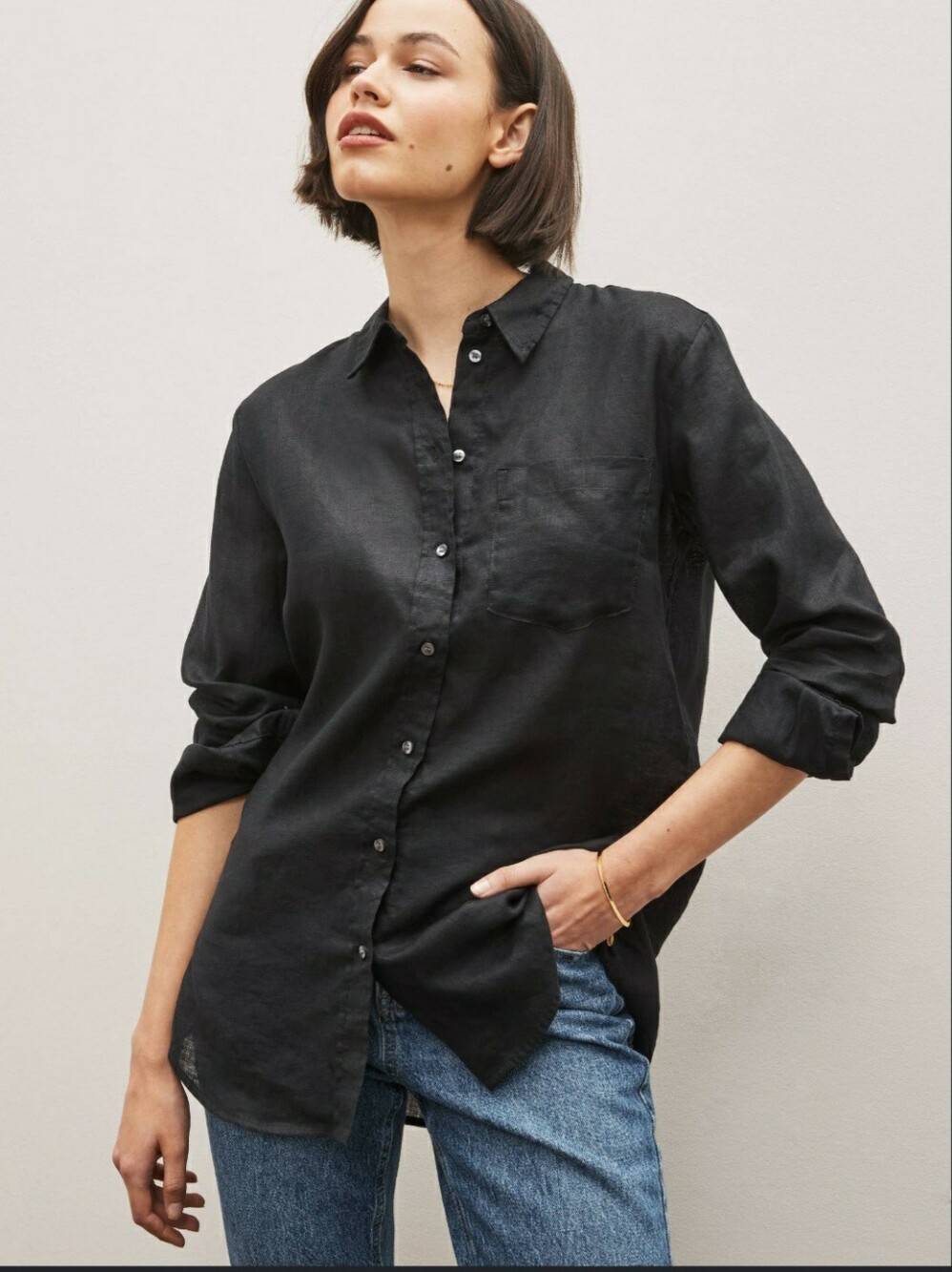 GAP 100% Linen Boyfriend LS  Button Down Shirt - BLACK S